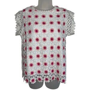 J.Crew Black Label White/Pink Floral Crochet Crew Neck Women's Top Size Small